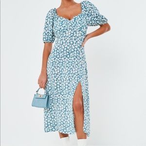 Missguided Blue Floral Print Split Midi Dress